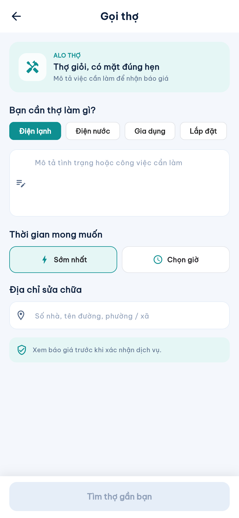 Màn hình đặt thợ sửa chữa tại nhà
